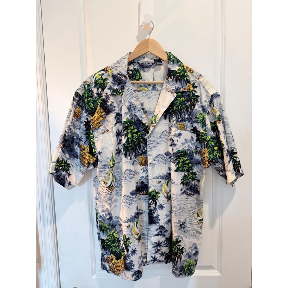 Bluewater Wear Mens XL Tropical Sailboat Palm Tree Hawaiian Shirt Made in USA